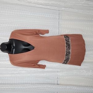 NWT Young Broke & Fabulous Burnt Orange V-Neck Tunic Mini Dress W/ Beaded Trim
